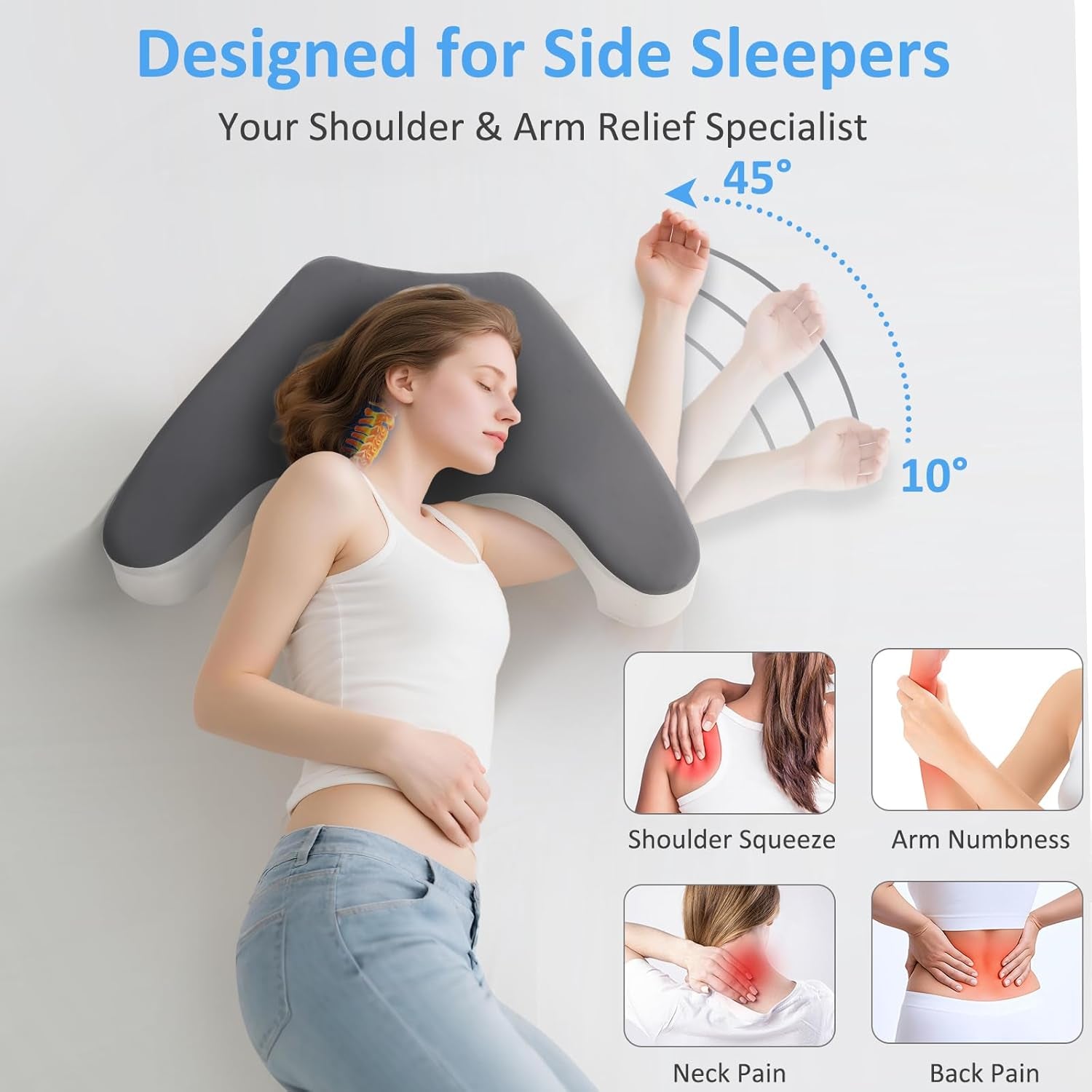 Side Sleeper Shoulder Relief Pillow — Memory Foam Arm‑Hole Design for Neck & Back Support (Blue)